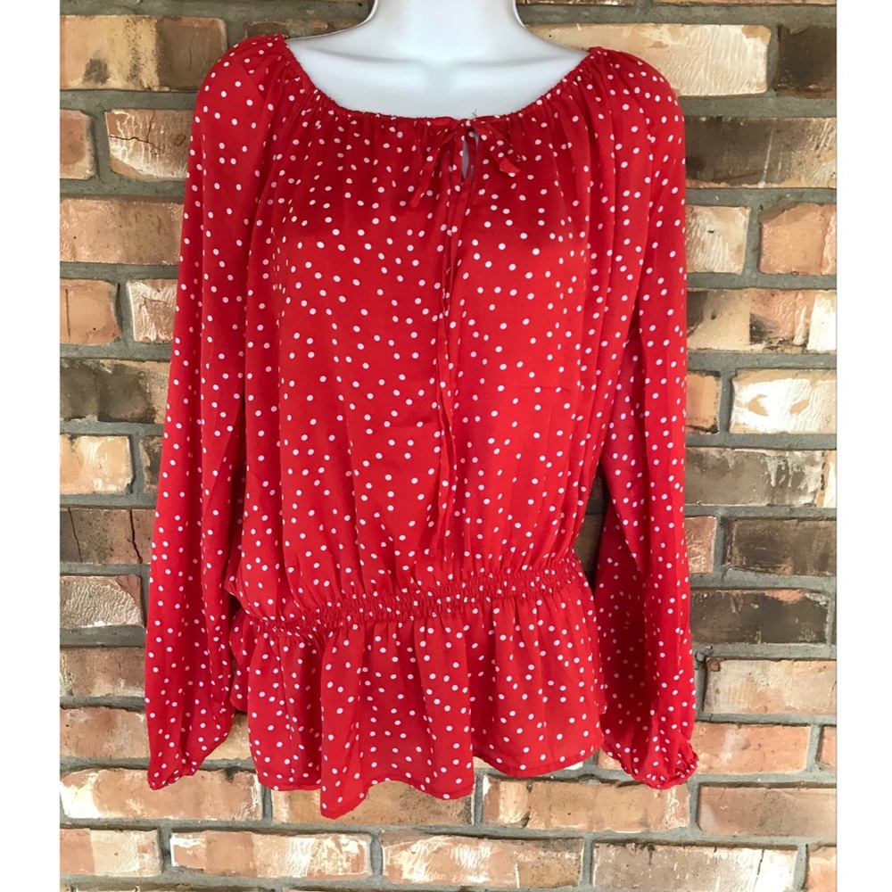 Ellen Tracy Red & White Polka Dot Peasant Blouse Size Small Long Sleeve